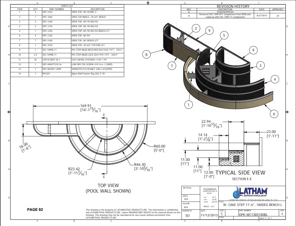 Wedding Cake Corner Step Polymer 3-Tread 180 Deg. 6" Radius w/ Left Bench